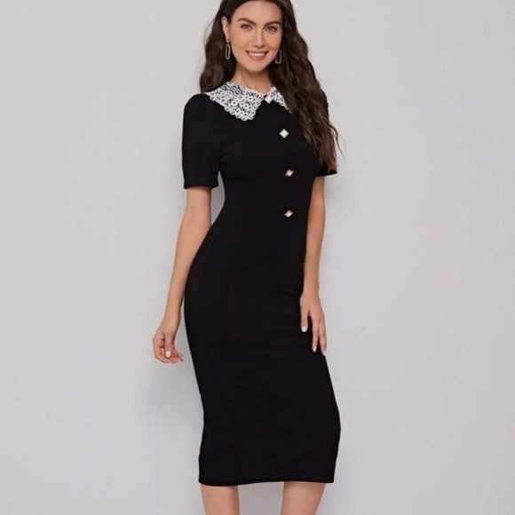 Short Sleeve Bodycon dress with White Lace Collar - Picture 1 of 2